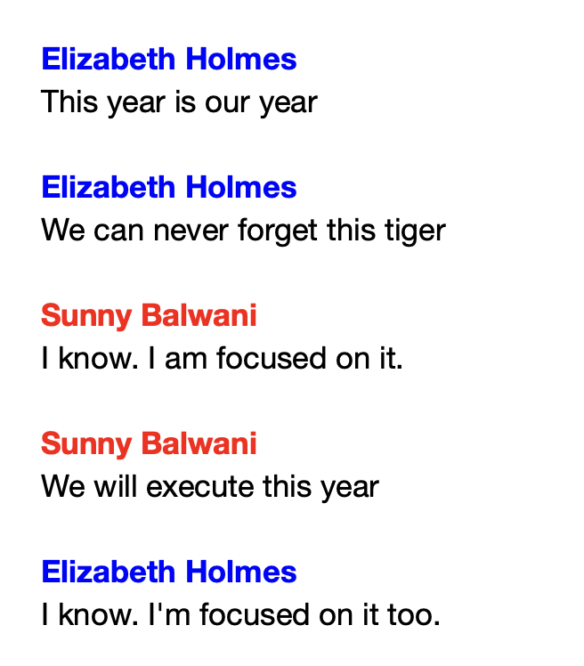 Text exchange between Elizabeth Holmes and Sunny Balwani